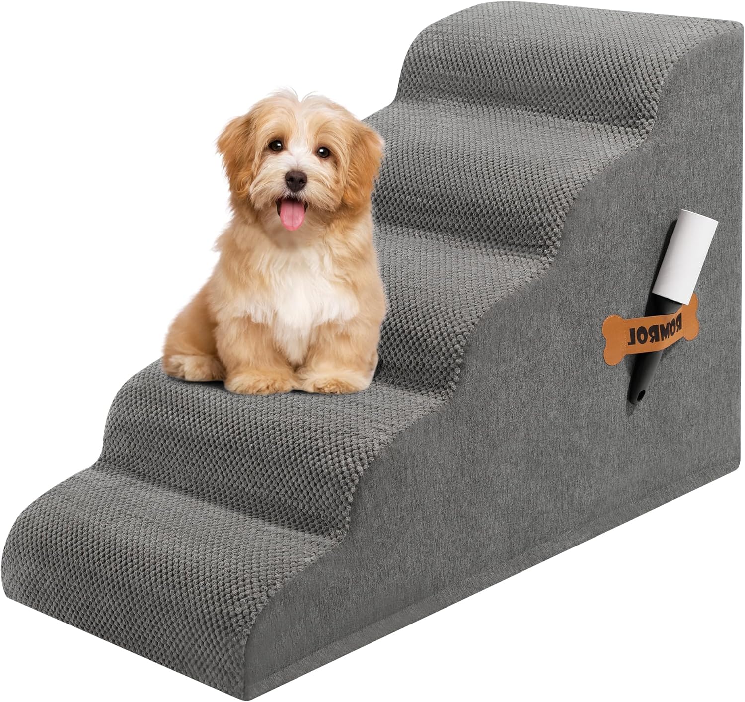 Romrol Dog Stairs Ramp for High Beds Couches, High Density Foam Pet Steps with Durable Non-Slip Waterproof Fabric Cover, Dog Stairs for Small Dogs or Cats or Pets, 3-Step,15 Inch, Grey - Pawvie