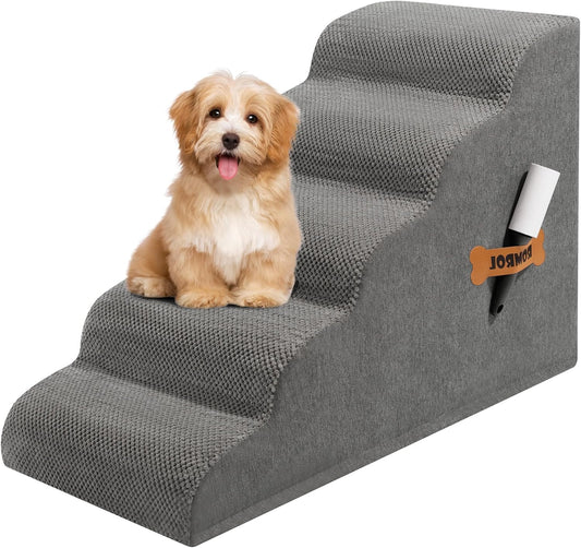 Romrol Dog Stairs Ramp for High Beds Couches, High Density Foam Pet Steps with Durable Non-Slip Waterproof Fabric Cover, Dog Stairs for Small Dogs or Cats or Pets, 3-Step,15 Inch, Grey - Pawvie
