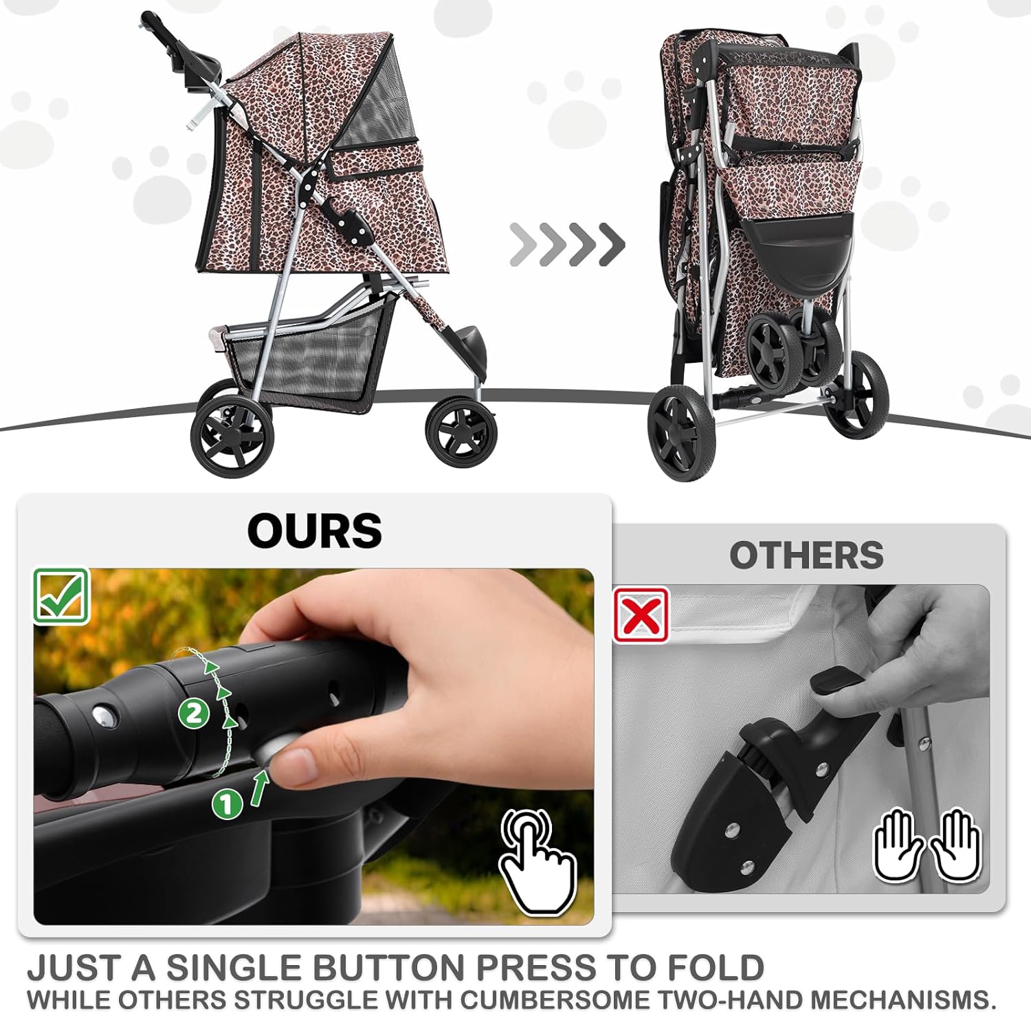MoNiBloom 3 Wheels Pet Dog Cat Stroller for Small Medium Dogs Cats, Lightweight Foldable Jogger Stroller w/Storage Basket & Cup Holder, Leopard Print - Pawvie