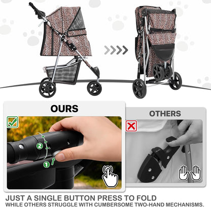 MoNiBloom 3 Wheels Pet Dog Cat Stroller for Small Medium Dogs Cats, Lightweight Foldable Jogger Stroller w/Storage Basket & Cup Holder, Leopard Print - Pawvie