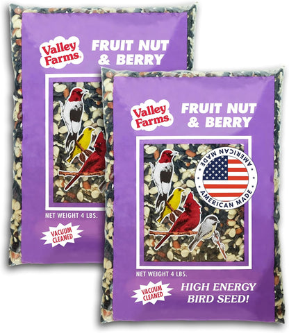 Valley Farms Fruit Nut & Berry 4 LB 2-Pack (8 LB Total) Wild Bird Food for Outside Feeders, Bird Seed with Dried Fruit, Peanuts Sunflower Hearts, Safflower High Energy Mix for Healthy Birds!