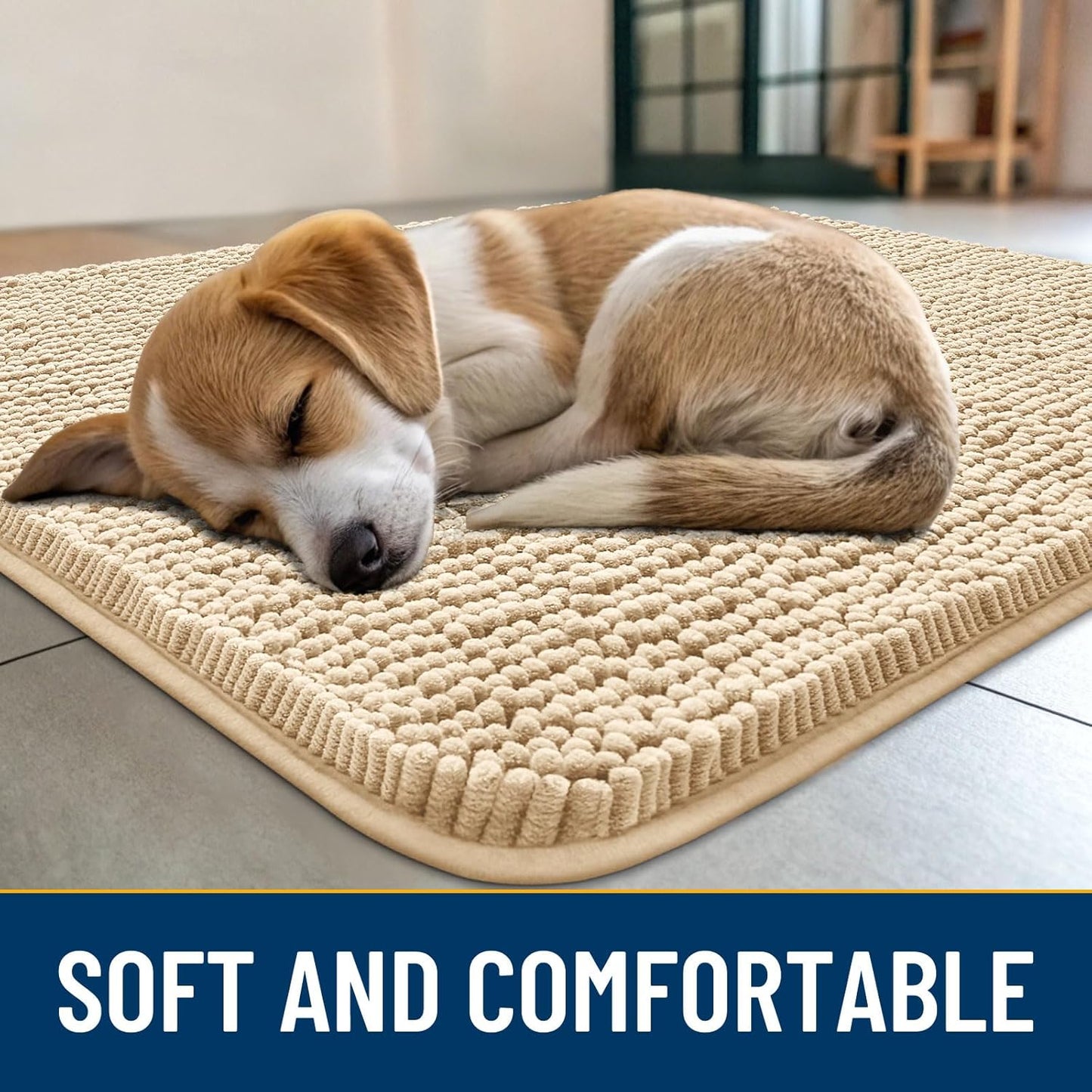 Smiry Dog Door Mat for Muddy Paws 34x21, Absorbs Moisture and Dirt Doormat, Non-Slip Washable Quick Dry Chenille Front Door Mat Indoor Entrance, Entryway Carpet for Inside Floor, Beige