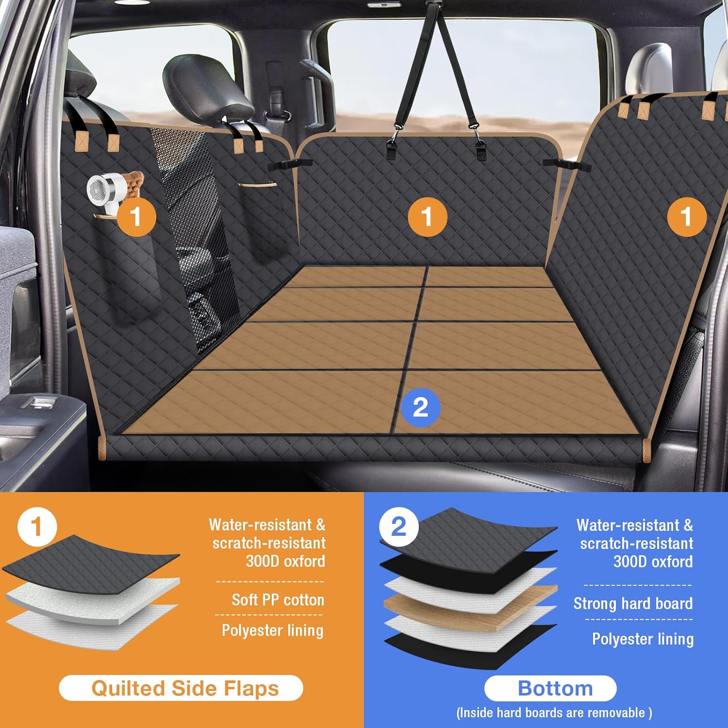 Dog Car Seat Cover for Back Seat, Larger Dog Car Bed Cover with Hard Bottom, Backseat Extender Hammock for Full SizeTruck/SUV 8 Panels - Black - Pawvie