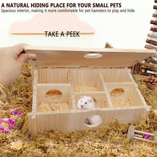 kathson Multi-Chamber Hamster Maze House,Wooden Syrian Hamster Maze Hideout,Small Pets Habitats Decor,6-Room Hideouts & Tunnel Exploring Toys for Dwarf Hamsters,Gerbils,Mice,Lemmings,Mouse