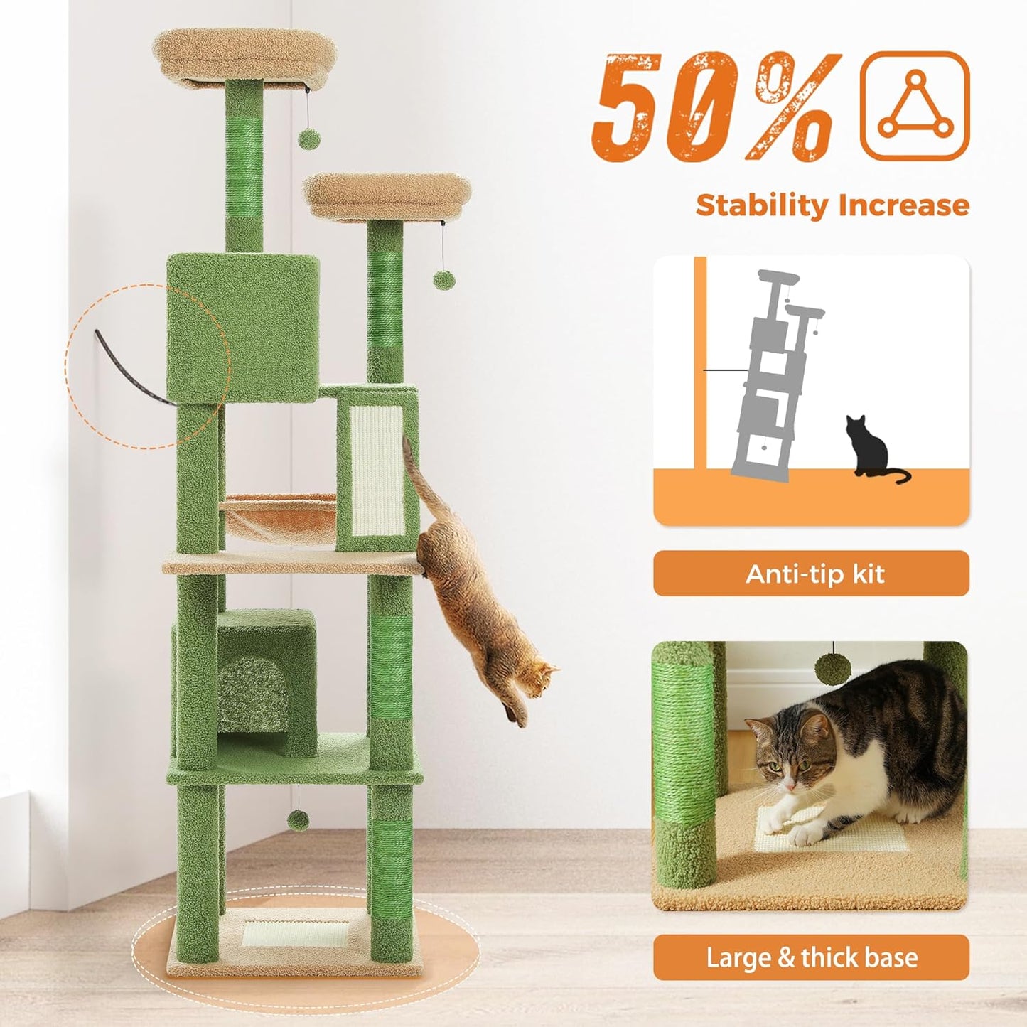 PAWZ Road 70 Inch Cat Tower, Cactus Cat Tree with 2 Cozy Condos, 2 Plush Perch, Large Basket, 2 Scraching Pad & 6 Scraching Posts for Indoor Cats Large Adult