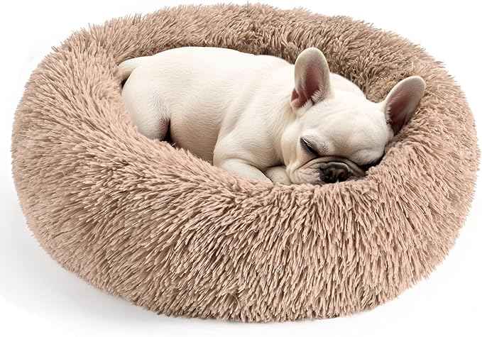 Hoewina Dog & Cat Bed for Indoor Cats, 20in Calming Donut Bed for Puppy and Kitten, Washable Round Fluffy Pet Bed for Small Medium Dogs and Cats (Camel)