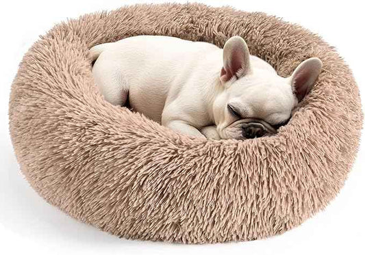 Hoewina Dog & Cat Bed for Indoor Cats, 20in Calming Donut Bed for Puppy and Kitten, Washable Round Fluffy Pet Bed for Small Medium Dogs and Cats (Camel)