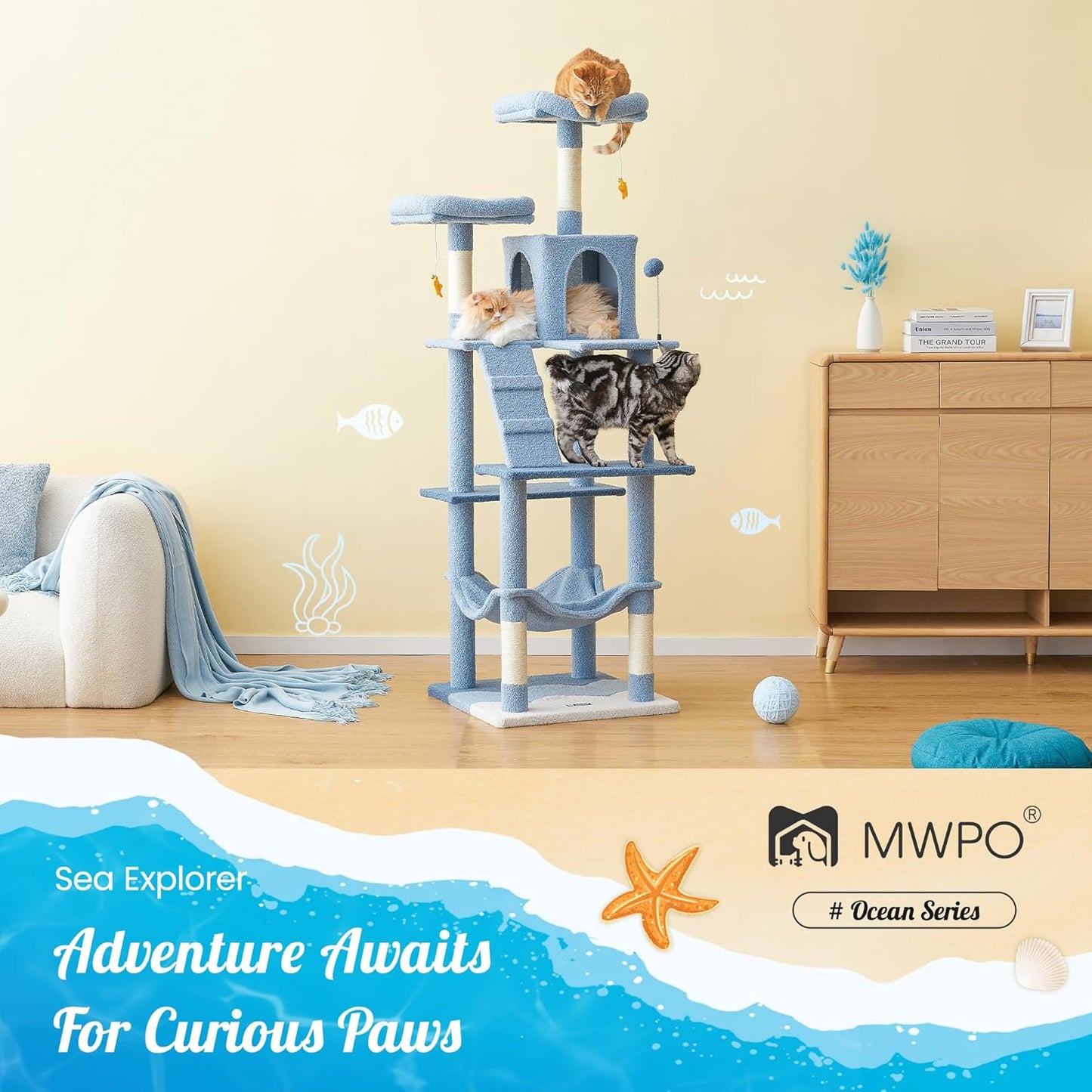 MWPO Ocean-Themed Cat Tree, 70.1-Inch Multi-Level Tall Tower for Indoor Cats, Plush Cat Condo with Big Padded Perches, Sisal-Covered Scratching Posts, Hammock, Toys for Kittens, Blue