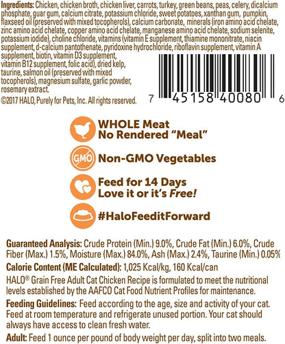 Halo Wet Cat Food Whole Chicken Recipe, Grain Free Wet Cat Pate, Canned Cat Food for Extra Hydration, 5.5 Oz Can (Pack of 12)