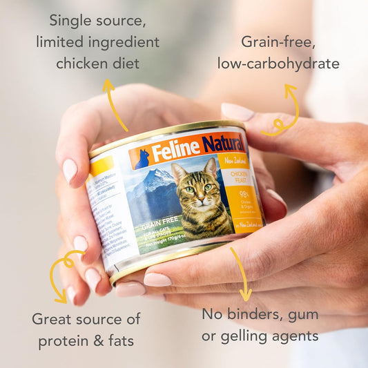 Feline Natural New Zealand Canned Catfood Wet Food, High-Meat, Low-Carb, & Grain Free Cat Food Wet, Chicken Feast, 6 oz, Pack of 12