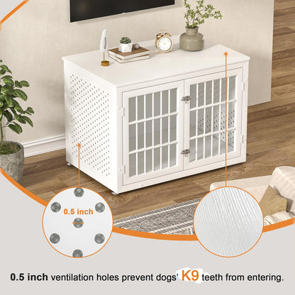 38" Heavy Duty Dog Crate Furniture for Large and Medium Dogs,Wooden Metal Kennel for High Anxiety Dogs, Chew Proof Pet Cage Indoor, Decorative Dog Kennel End Table, White
