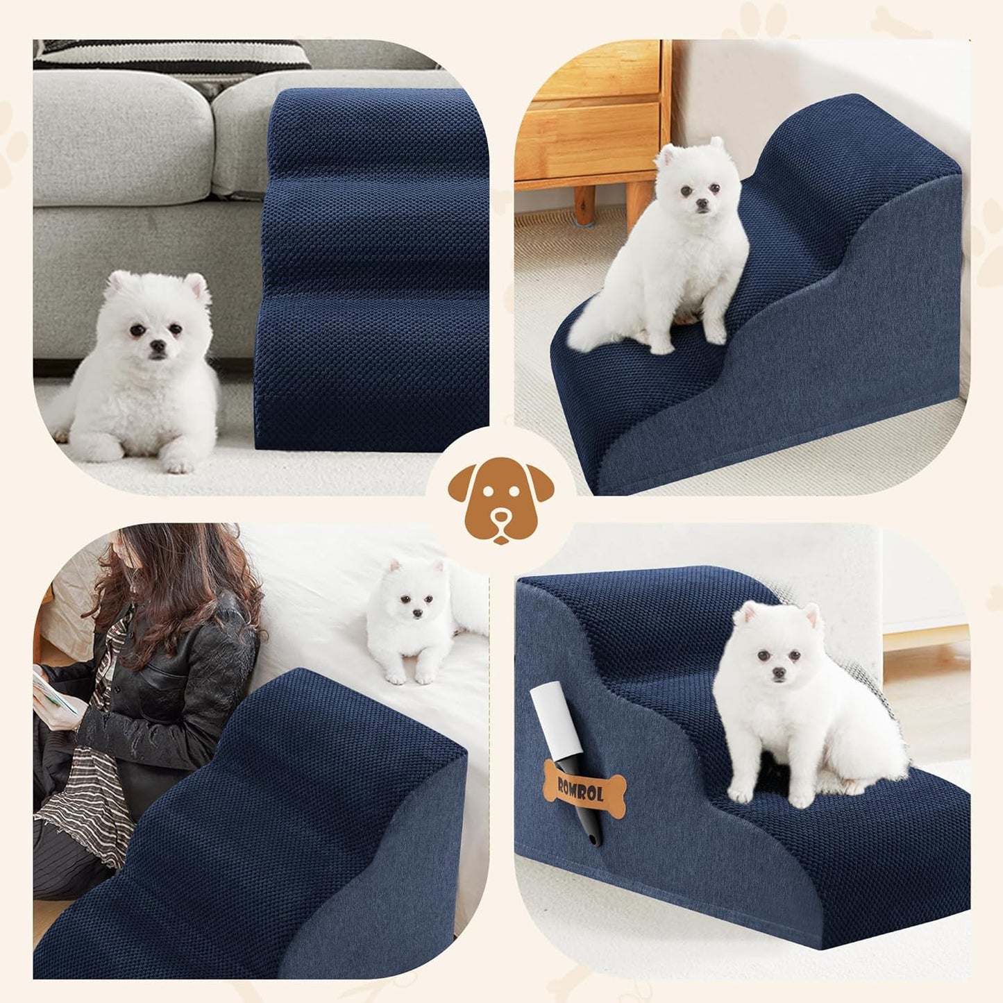 Romrol Dog Stairs Ramp for Beds Couches, Extra Wide Pet Steps with Durable Non-Slip Waterproof Fabric Cover, Dog Slope Stairs for Small Dogs and Cats or Pets Friendly, 3-Tiers, 13 Inch,Navy - Pawvie
