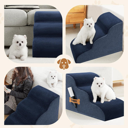 Romrol Dog Stairs Ramp for Beds Couches, Extra Wide Pet Steps with Durable Non-Slip Waterproof Fabric Cover, Dog Slope Stairs for Small Dogs and Cats or Pets Friendly, 3-Tiers, 13 Inch,Navy - Pawvie