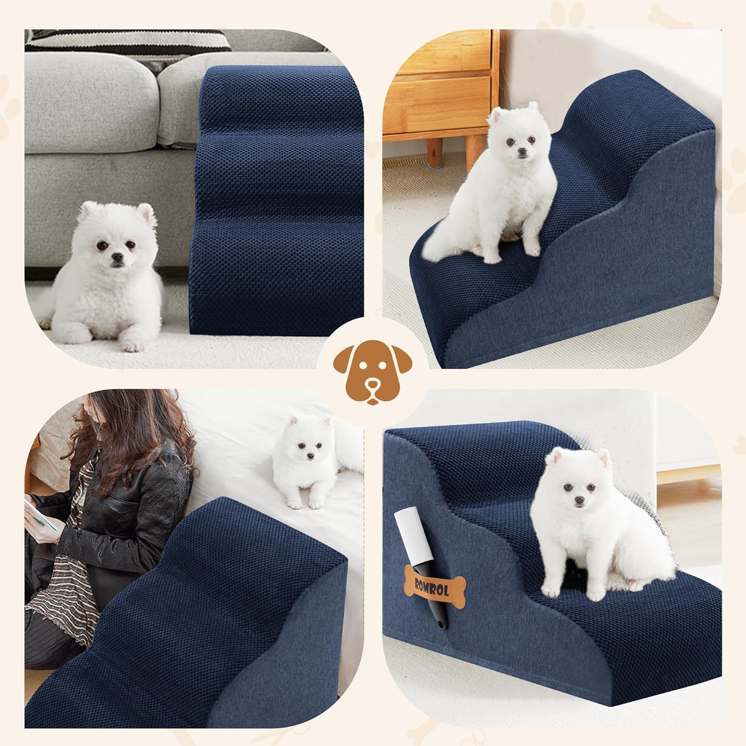 Romrol Dog Stairs Ramp for High Beds Couches, High Density Foam Pet Steps with Durable Non-Slip Waterproof Fabric Cover, Dog Stairs for Small Dogs or Cats or Pets, 3-Step,15 Inch,Navy - Pawvie