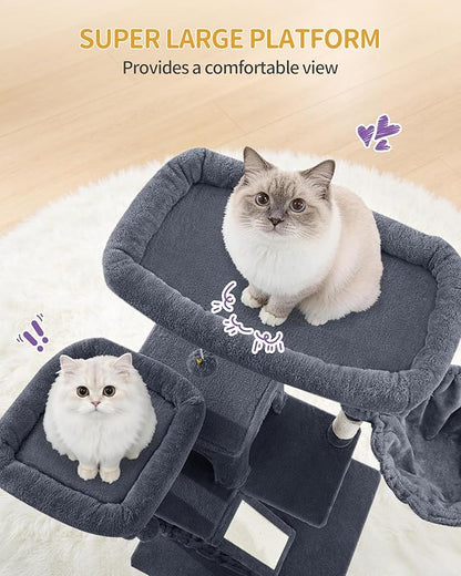 Large Cat Tree, 72 Inch Tall Indoor Cat Tower for 6 Large Cats, Corner Climbing Activity Pet Condo with 2 Large Platforms/2 Cats House/6 Scratching Post/1 Hanging Basket, Dark Gray MS18318SG