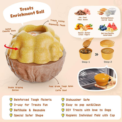 Dog Frozen Treats Toy, Cognitive Dogs Brain Stimulation Toys for Aggressive Chewers, Interactive Dispensing Toy Enrichment Keep Them Busy No-Boredom, Tough Nylon&Coffe Wood Fillable Puzzle Dog Feeder