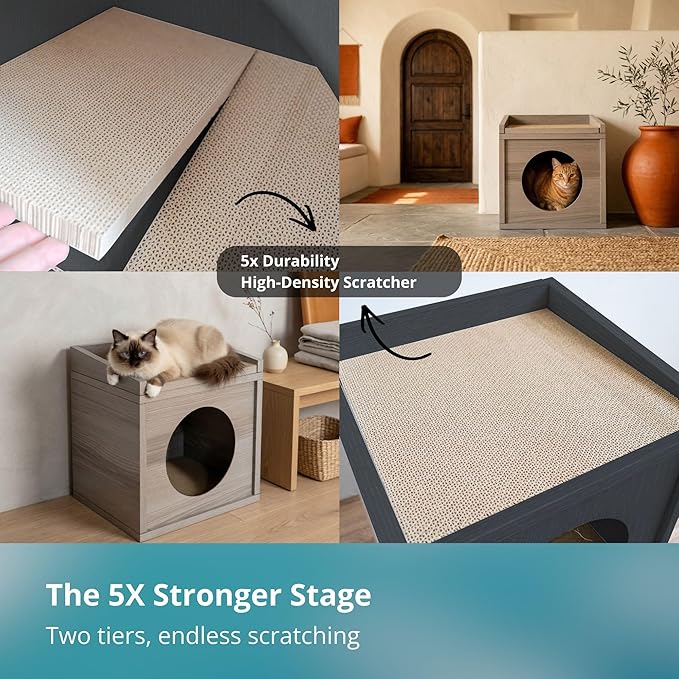 Meowdium Cat House – Cat Condo with Cardboard Scratcher, Scratching Post, Bed & Toy Storage, Cozy Cat Furniture & Accessories for Indoor Cats, Greywood
