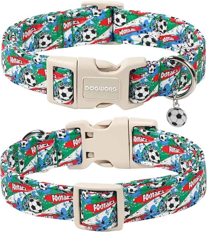 DOGWONG Football Dog Collar, Cute Blue Boy Dog Collar Adjustable Soft Male Female Pet Dog Collar Football Printed Dogs Necklace for Small Medium Dogs,M