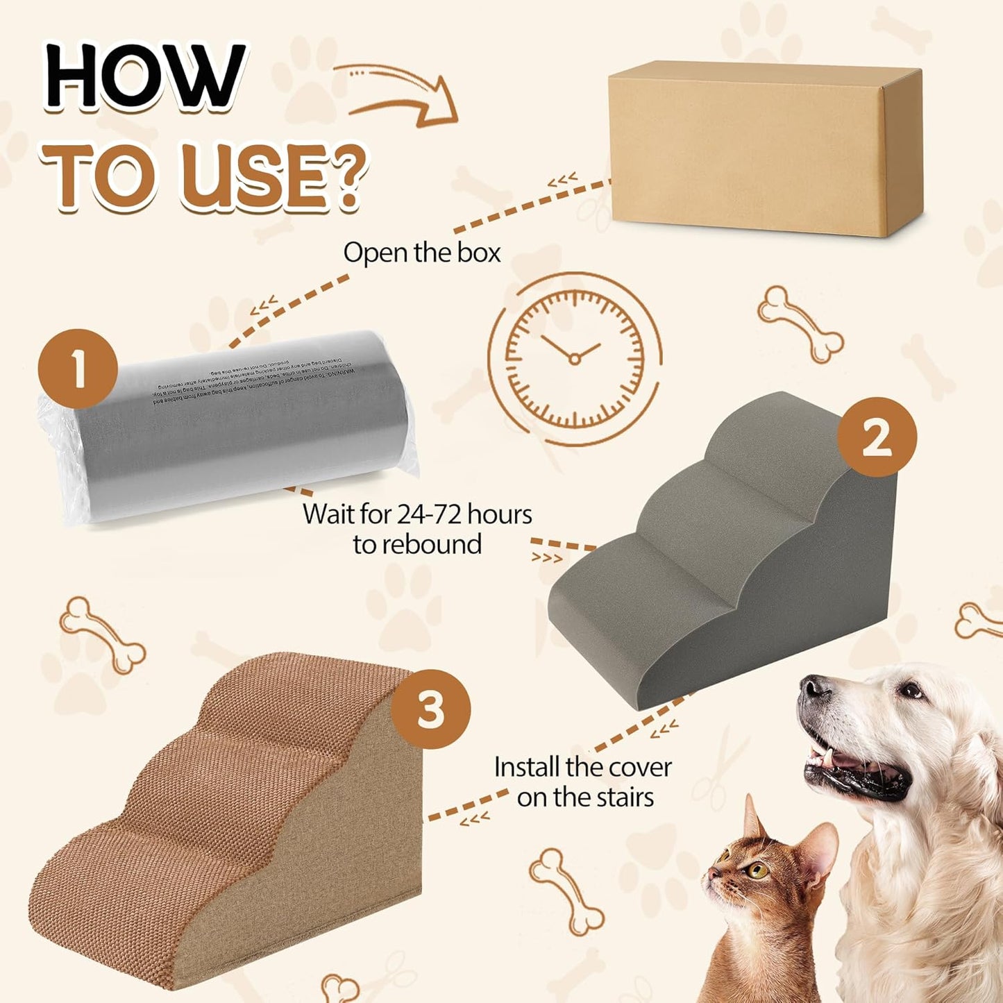 Romrol Dog Stairs Ramp for High Beds Couches, High Density Foam Pet Steps with Durable Non-Slip Waterproof Fabric Cover, Dog Stairs for Small Dogs or Cats or Pets, 3-Step,15 Inch,Light Brown - Pawvie