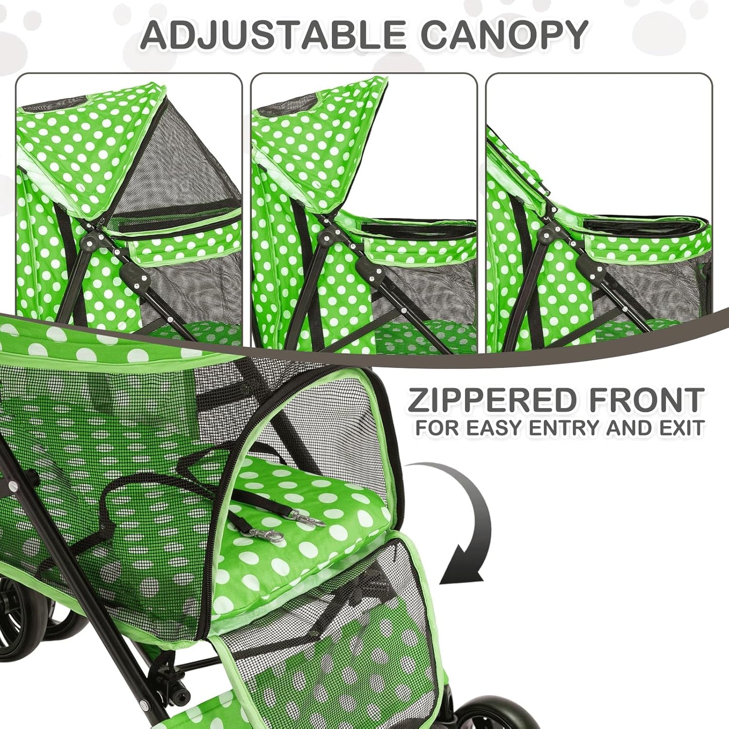 MoNiBloom 4 Wheels Pet Stroller, Easy-Fold Umbrella Shaped Dog Cat Jogger Stroller w/Storage Bag & Visible Mesh for Small/Medium Dogs Cats Lawn Green Polka Dots - Pawvie