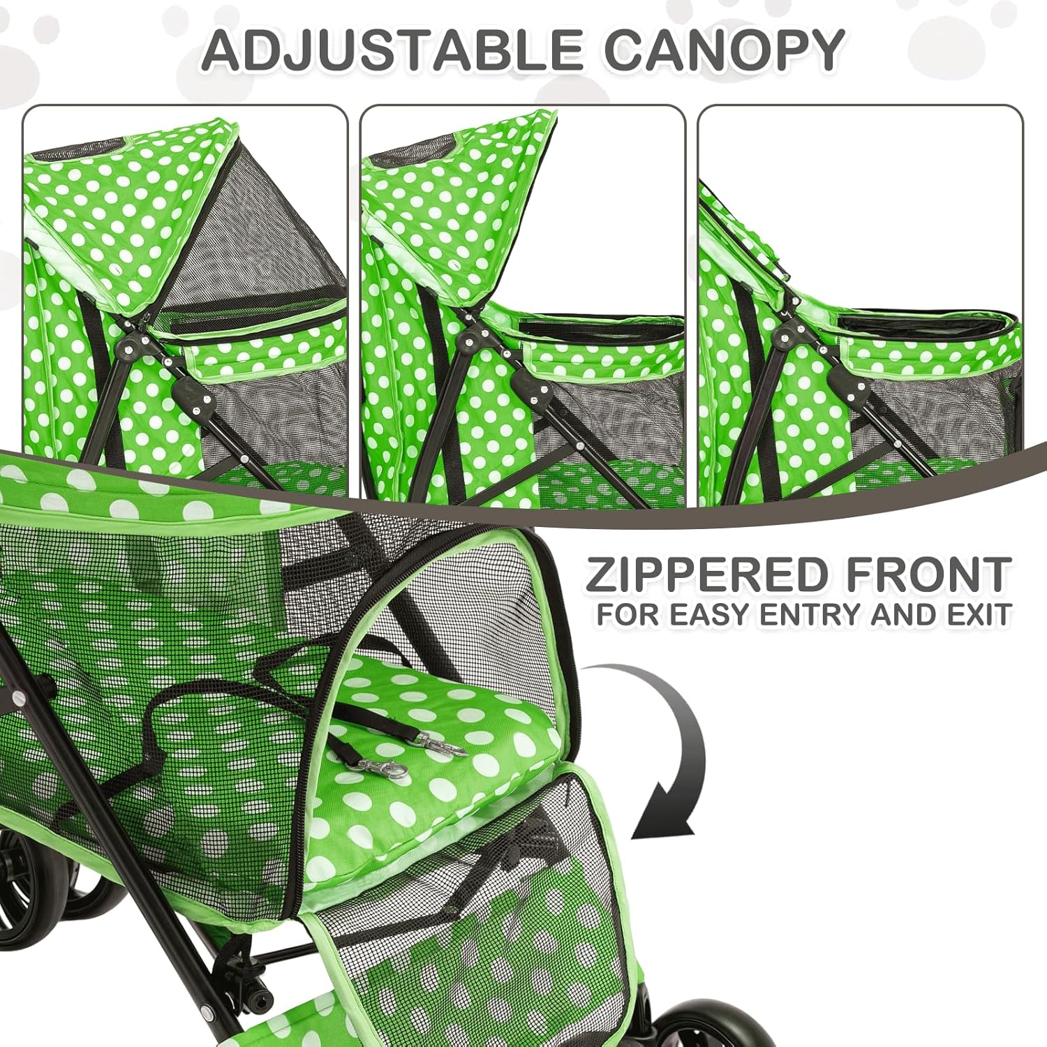 MoNiBloom 4 Wheels Pet Stroller, Easy-Fold Umbrella Shaped Dog Cat Jogger Stroller w/Storage Bag & Visible Mesh for Small/Medium Dogs Cats Lawn Green Polka Dots - Pawvie