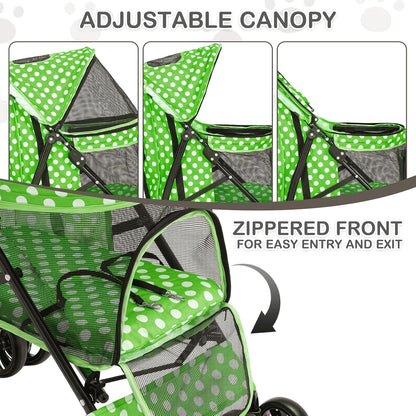 MoNiBloom 4 Wheels Pet Stroller, Easy-Fold Umbrella Shaped Dog Cat Jogger Stroller w/Storage Bag & Visible Mesh for Small/Medium Dogs Cats Lawn Green Polka Dots - Pawvie