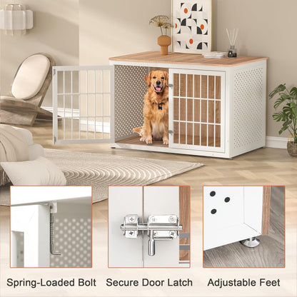 48" Heavy Duty Dog Crate Furniture for Large Dogs, Metal Kennel for High Anxiety Dogs, White Wooden Cage Furniture Indoor, Decorative Dog Kennel End Table, XL