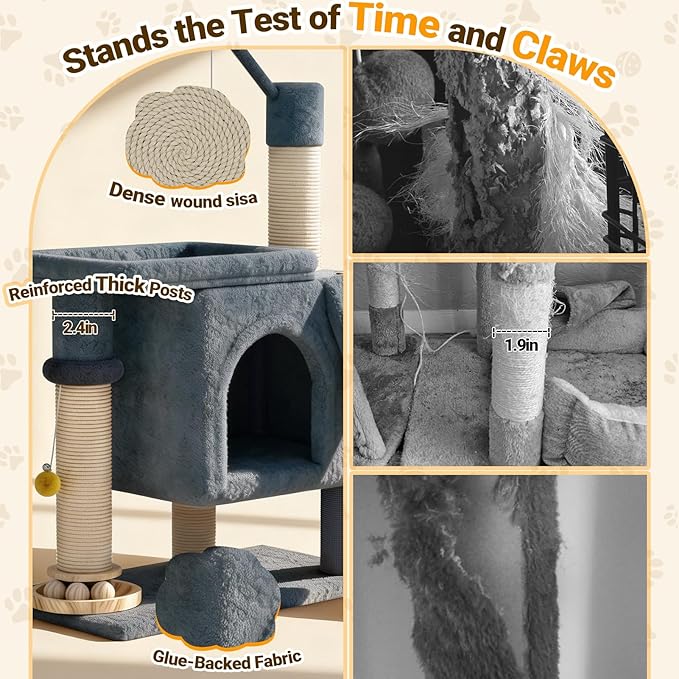 PetDance 37in All-in-1 Small Cat Tree for Indoor Cats | Space-Saving Cat Tower with Cozy Condo, Cat Window Perch, Sisal Scratching Posts, Interactive Ball Track Toy & Self-Grooming Brush,Light Gray