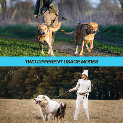 PetBonus Double Dog Leash, No Tangle Dual Leash, Reflective Walking Training Lead, 4 Comfortable Padded Handles for 2 Dogs with Collapsible Bowl and Waste Bags (Army Green, Large)