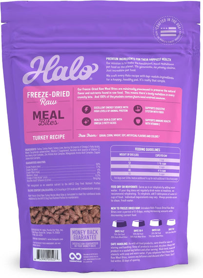 Halo Freeze Dried Raw Dog Food, Turkey Recipe, 100% Protein Source, Real Meat for Natural Energy, Meal Bites, 14 Oz Bag