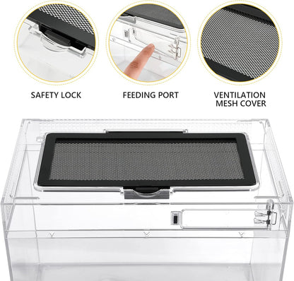 Reptile PC Terrarium,Anti Breakage 15x8x10inch Amphibians Insect Tank Gecko Starter Kits,Top Sliding Door Screen Ventilation Mini Isopod Habitat Cages,Hygrometer Thermometer,Hide Cave,Tweezer,Sprayer