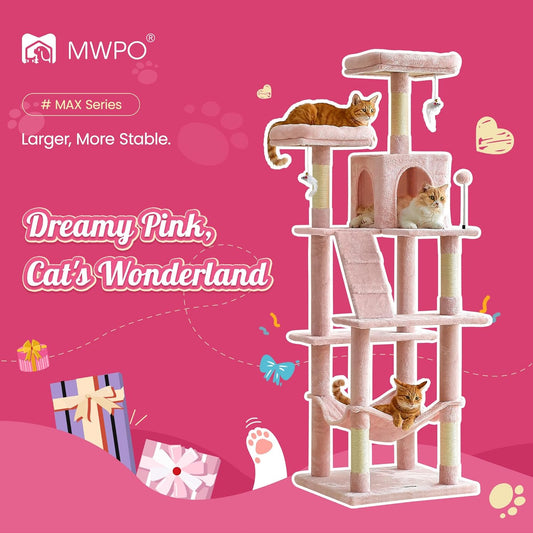 MWPO 70.1-Inch Pink Large Cat Tree, Multi-Level Tall Cat Tower for Indoor Cats, Plush Cat Condo with Big Padded Perches, Sisal-Covered Scratching Posts, Hammock, Toys for Kittens & Cats