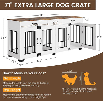 71 Inch Dog Crate Furniture for 2 Rooms, Wooden Double Crate Large Breed with Door, Dog Kennel Indoor, TV Stand End Table with Divider for Large Medium Dogs,White/Brown