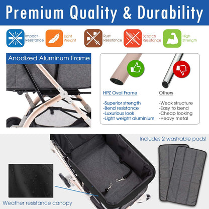 Lite Premium Light-Weight Dog/Cat/Pet Stroller Travel Carriage with Convertible Compartment/Zipper-Less Entry/1-Hand Quick Fold/Aluminum Frame for Small & Medium Pets (Black 2nd-Gen.) - Pawvie