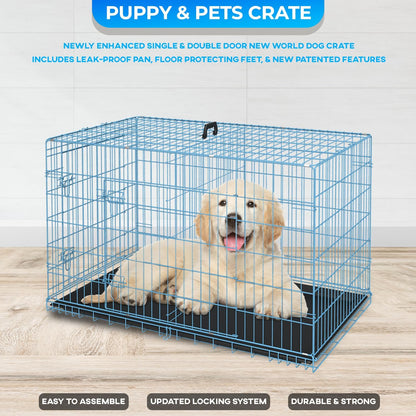 FDW Dog Crate for Medium Dogs 30 Inch Folding Metal WirePet Cage Double Door W/Divider Panel Indoor Outdoor Kennel Leak-Proof Plastic Tray,Blue
