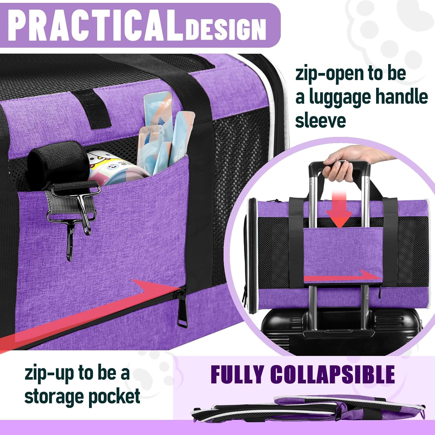 Pet Carrier for Large Cat 20 lbs+ / Soft Sided Small Dog 12 Pounds Travel Crate Top Load/Collapsible Kitty Carry Bag Big Kitten Mesh/Sturdy Animal Transport cage Kennel Long Trips Purple - Pawvie