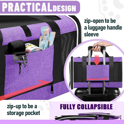 Pet Carrier for Large Cat 20 lbs+ / Soft Sided Small Dog 12 Pounds Travel Crate Top Load/Collapsible Kitty Carry Bag Big Kitten Mesh/Sturdy Animal Transport cage Kennel Long Trips Purple - Pawvie