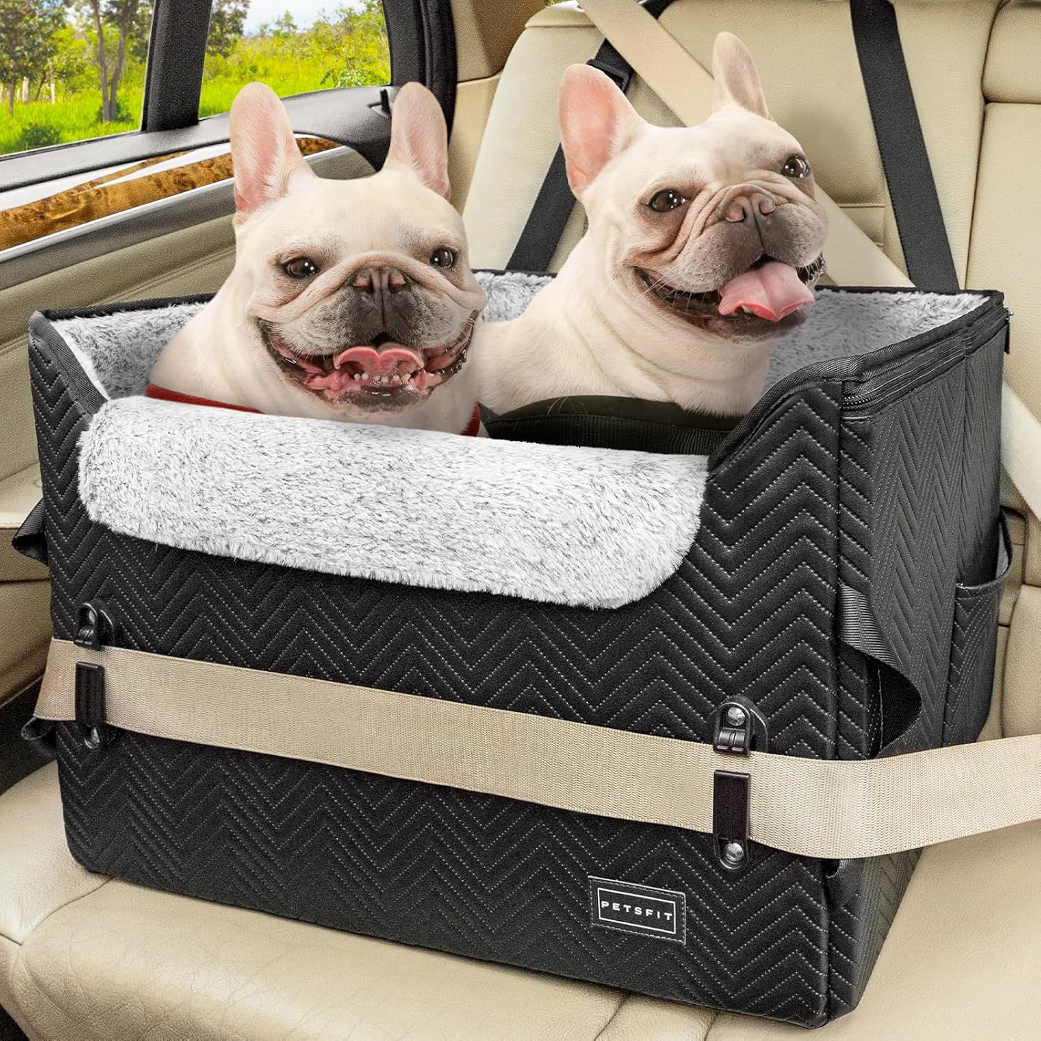 PETSFIT Dog Car Seat Medium Sized Dog, Waterproof PU Leather Dog Seat for Car with Patented Safe Buckles, 2 Clip-On Safety Leashes, Suitable for 2 Small Dogs (Medium, Black) - Pawvie