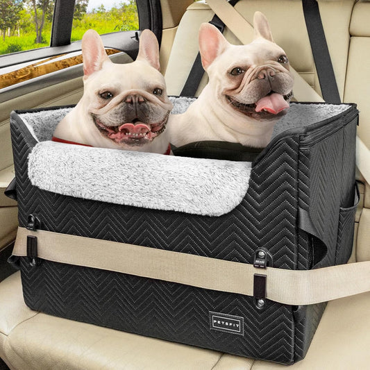 PETSFIT Dog Car Seat Medium Sized Dog, Waterproof PU Leather Dog Seat for Car with Patented Safe Buckles, 2 Clip-On Safety Leashes, Suitable for 2 Small Dogs (Medium, Black) - Pawvie