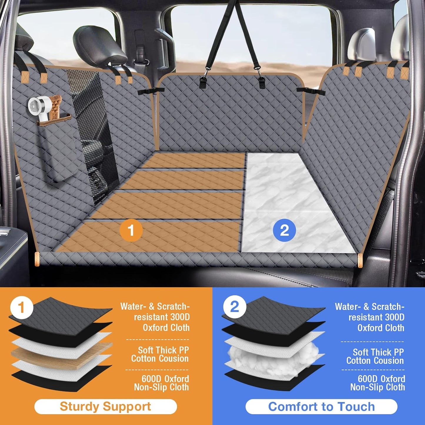 Dog Car Seat Cover for Back Seat, Dog Car Bed Cover with Strong Hard Bottom, Car Back Seat Extender Hammock for Car SUV Truck 4 Panels Gray Color Large Size - Pawvie