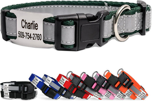 GoTags Reflective Personalized Dog Collar with Nameplate, Adjustable Dog Collar with Custom Engraved Steel Slide On Pet ID Tag, Silent, No Noise Dog Tag for Large Medium or Small (Hunter Green, Large)