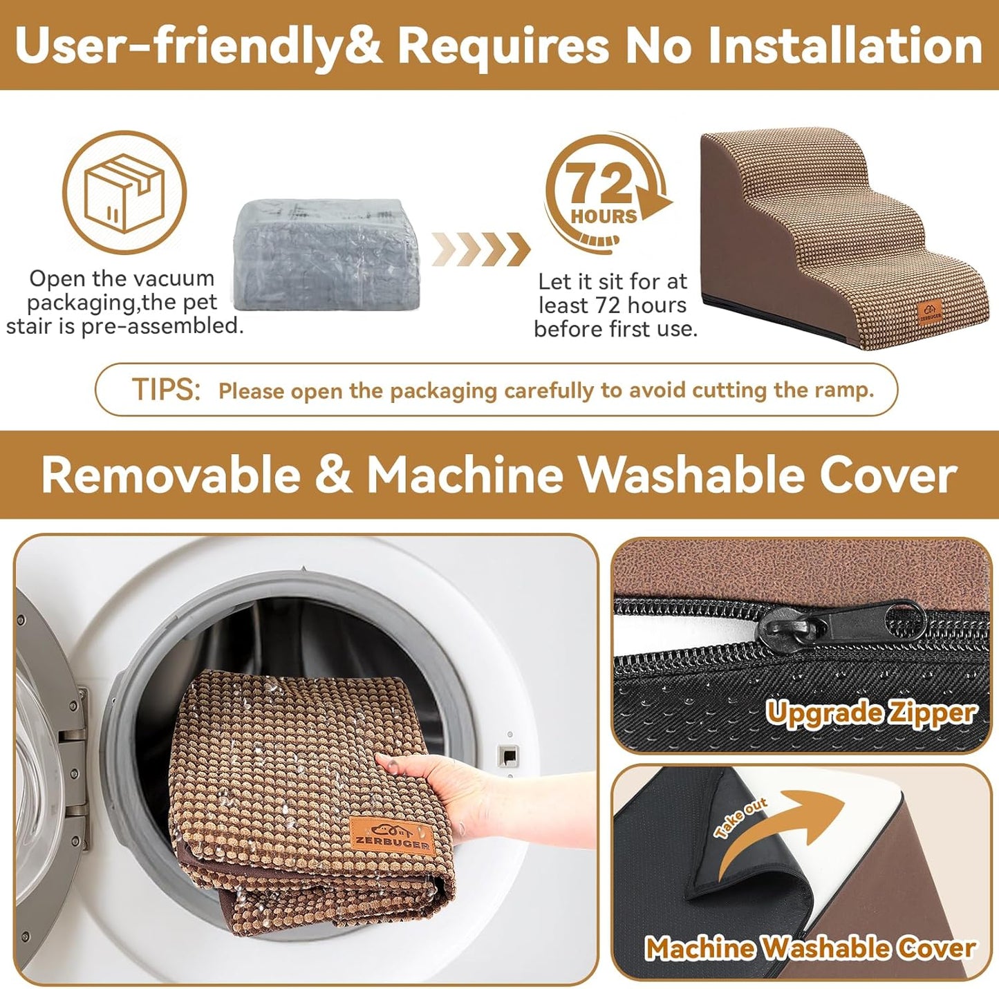 Dog Ramp and Stair for Bed 16" H-20 H,3-Step Cat Stair for Sofa and Chair,4-Step Dog Ramp for High Bed and Window,Durable Nonslip Fabric Cover for Indoor (Coffee-16 H, Pet Friendly, 3)