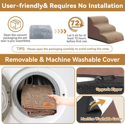 Dog Ramp and Stair for Bed 16" H-20 H,3-Step Cat Stair for Sofa and Chair,4-Step Dog Ramp for High Bed and Window,Durable Nonslip Fabric Cover for Indoor (Coffee-16 H, Pet Friendly, 3)