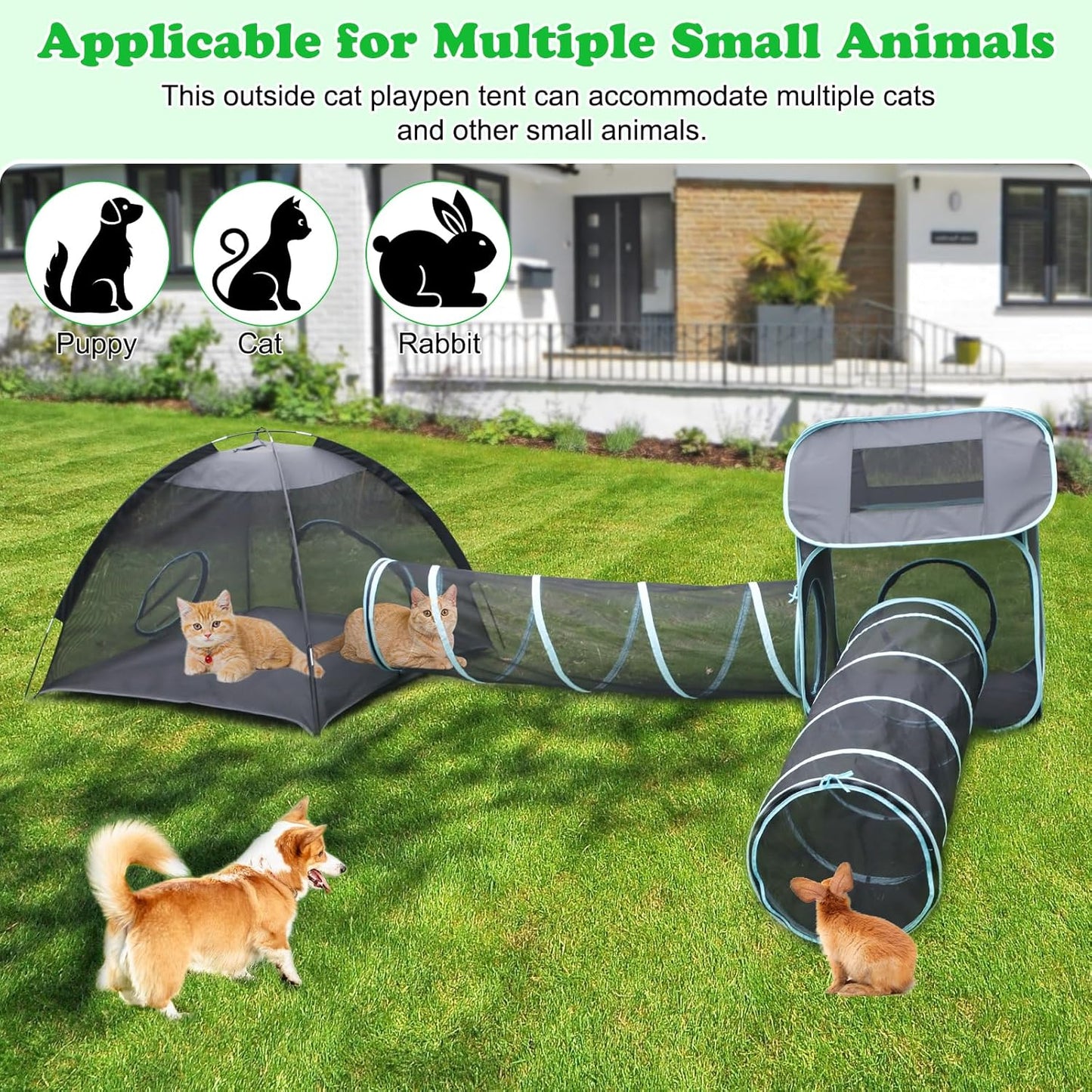 YUEPET Large Outdoor Cat Enclosures, 4 in 1 Portable Cats Tent with Cat Tunnels, Outside Kitten Playpen Tents DIY in Multiple Ways for Cats and Small Animals