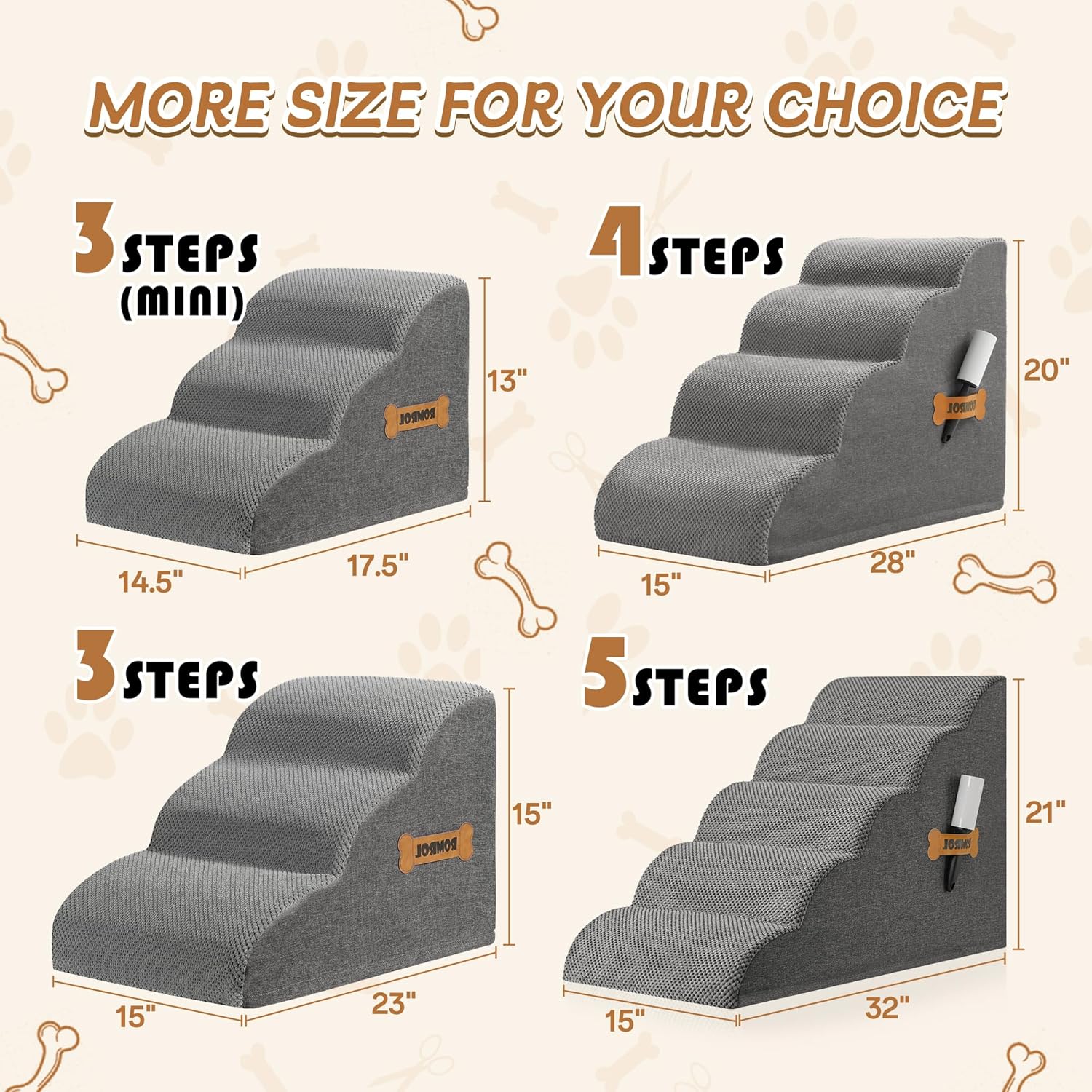 Dog Stairs, Romrol Dog Steps Ramp for High Bed and Couch, Dogs Ramp with Durable Non-Slip Waterproof Fabric Cover, Pet Stairs for Small Dogs and Cats or Pets Joints, 4-Tiers,Grey - Pawvie