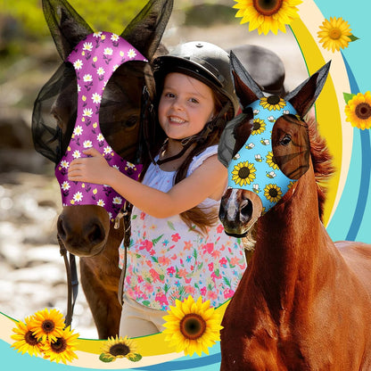 Qualirey12 Pieces Horse Fly Mask Bulk Comfortable Elasticity Mask for Horses with Ears Net UV Protection Breathable Horse Supplies Face Covering for Horse Pony and Foal (Flower Patterns, Large)