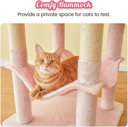 MWPO 63.8-Inch Pink Cat Tree for Indoor Cats, Multi-Level Cat Tower with Sisal-Covered Scratching Posts, Padded Platform, Hammock, Dangling Toys, Stable Cat Condo Pet Play House