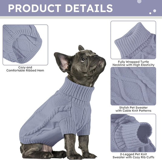 Queenmore Small Dog Pullover Sweater, Cold Weather Cable Knitwear, Classic Turtleneck Thick Warm Clothes for Chihuahua, Bulldog, Dachshund, Pug, Yorkie (Grey, X-Small)