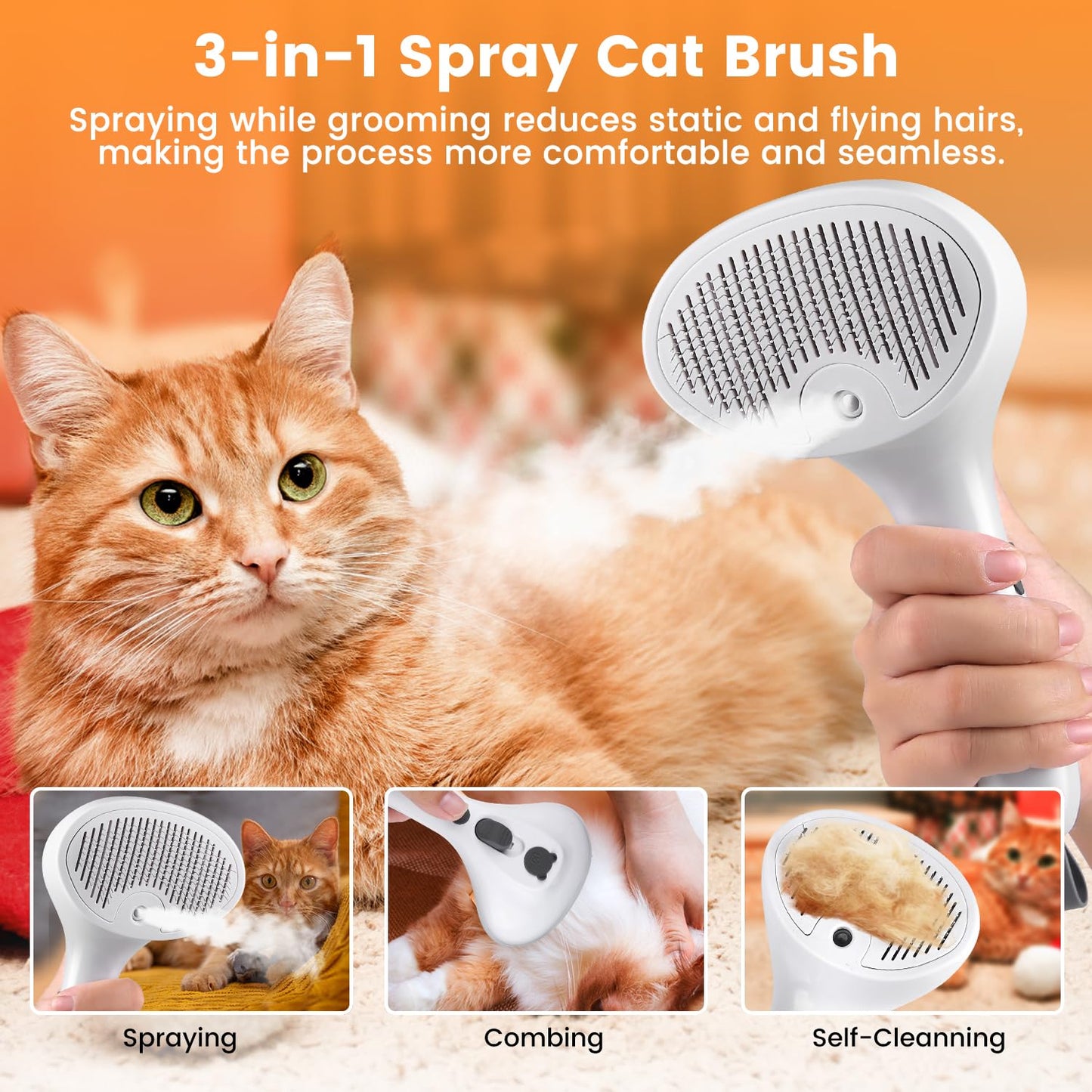3 in 1 Cat Steam Brush for Cats & Dogs, Pet Spray Hair Removal Comb for Shedding & Grooming, Rechargeable Water Brush for Long & Short Haired Pets with Release Button(White)