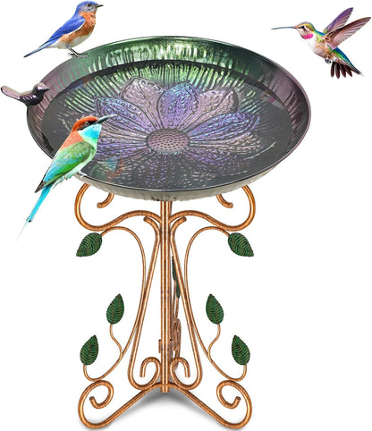 Vintage Metal Bird Bath for Outside, 13" Dia Birdbaths Bowl with Cast Iron Pedestal, Large Antique Bird Feeder with Folding Bracket for Outdoors Garden Patio Yard Decor (Purple Lotus)